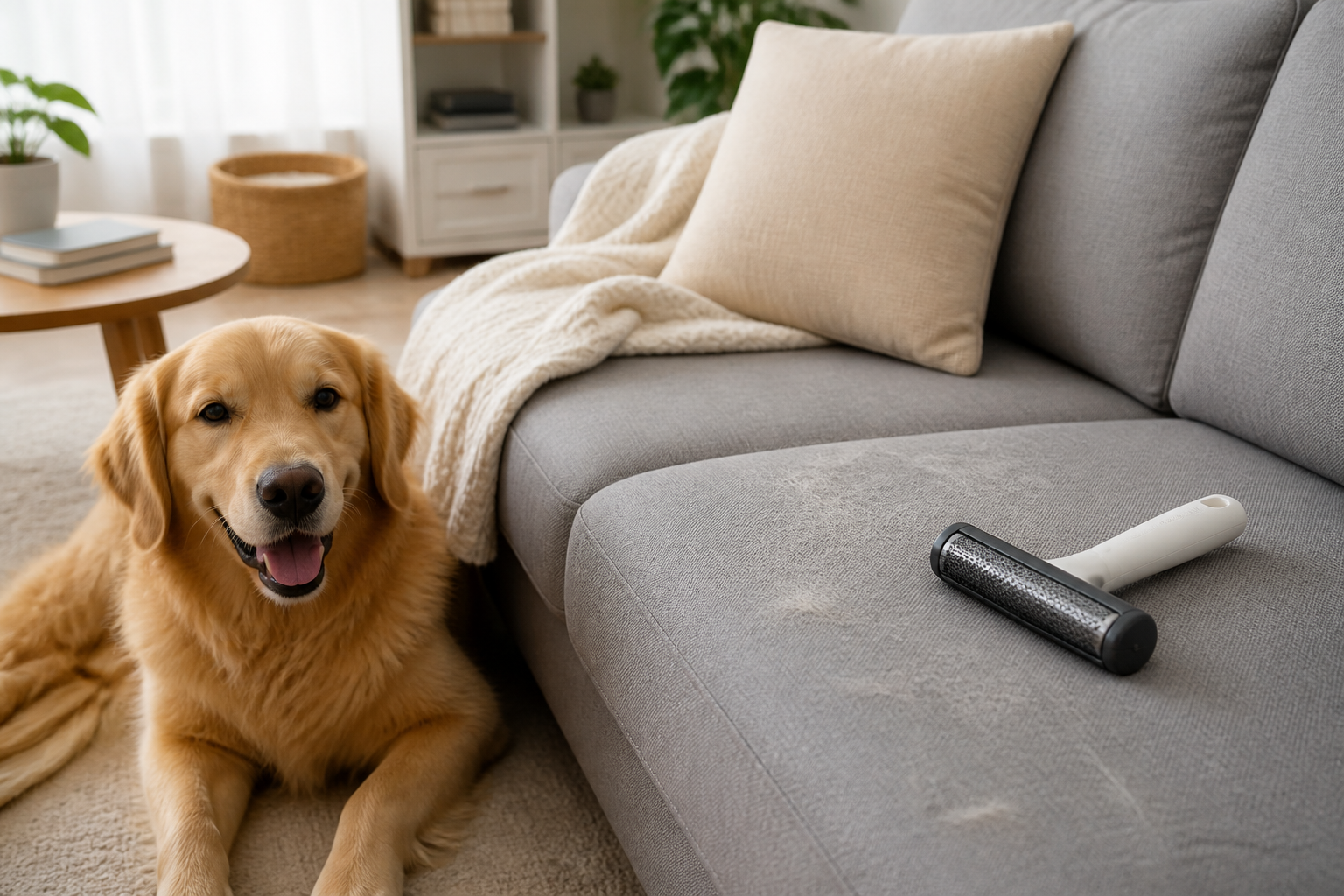 Reusable pet hair cleaner used on a fabric couch